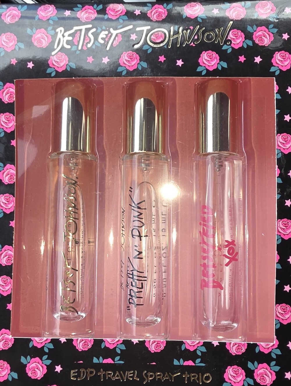 Betsey Johnson Perfume Travel Spray Trio - Pink & Gold Accents empty bottles